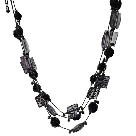 Boho Chic Black Clear Beaded Multi Strand Necklace Geometric Shapes Jewelry - Picture 1 of 5